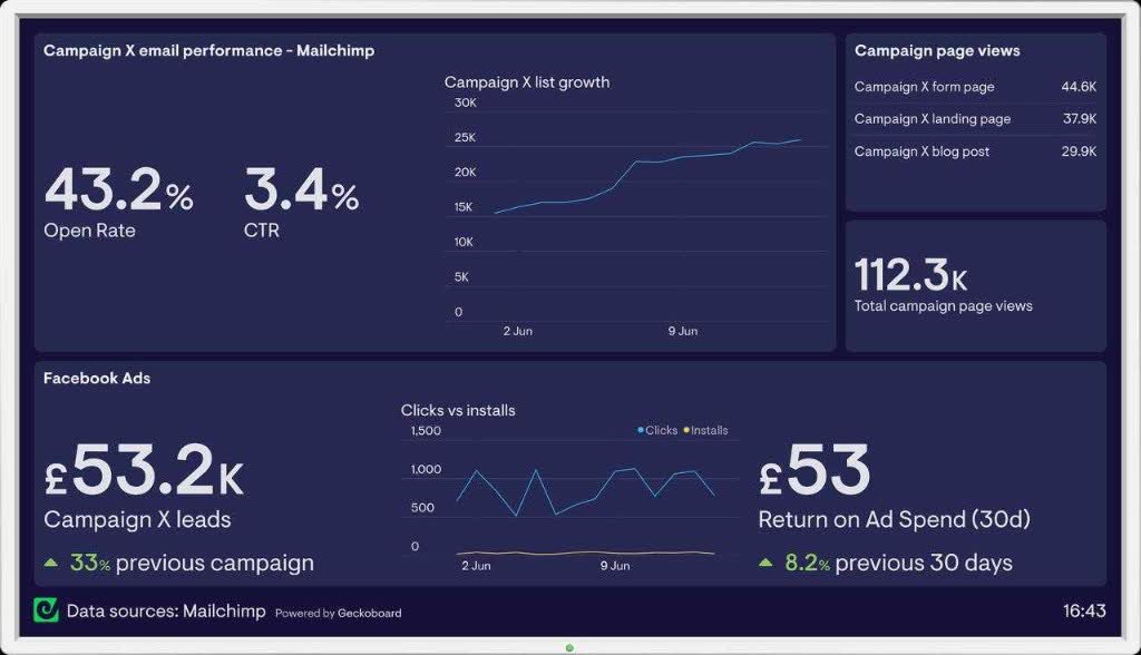 Mailchimp campaign performance with email and Facebook ads metrics